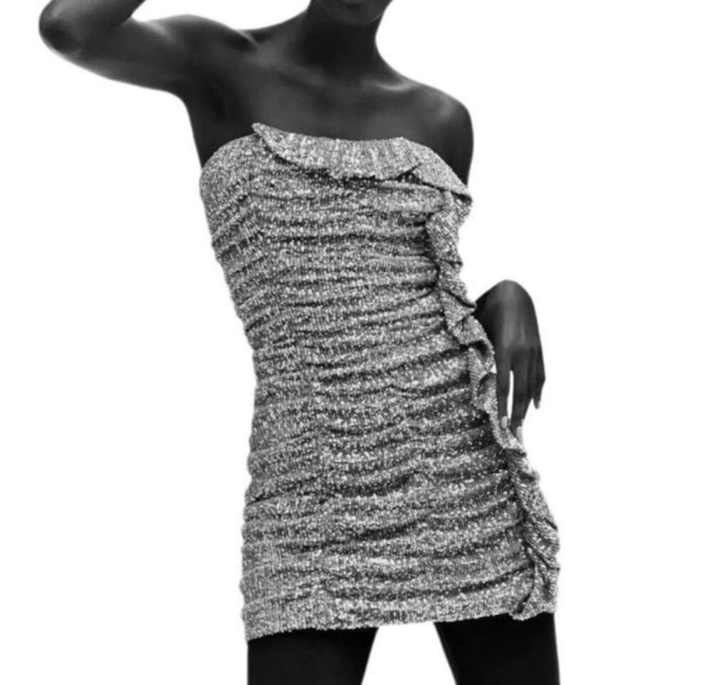 Storia Silver Sequin Ruched Strapless Bodycon Mini Dress Size Large Ruffle NYE